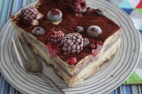 tender tiramisu with berries on a plate in a restaurant