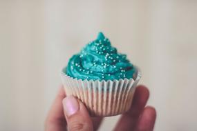 blue cupcake in hand