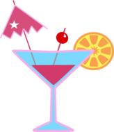 Drawing of the pink martini in the cocktail with colorful decorations at white background