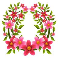 Beautiful wreath with pink, red, purple, yellow and orange flowers with green leaves at white background