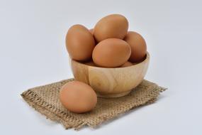 Beautiful still life with the brown eggs in the wooden bowl, on the cloth