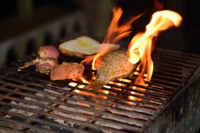 Fish and bread bbq on the grill in fire