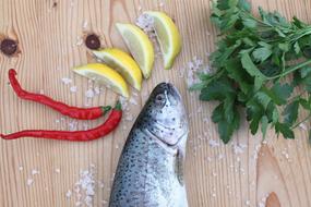 salty salmon, lemon, chili pepper and parsley on the table
