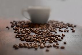 Beautiful, brown coffee beans and white cup on the wooden table, soft focus