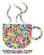 multicolored cup with hot drink on white background