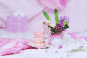 pink dessert and purple flowers