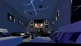 Sofas and Tv in beautiful and colorful contemporary Interior in light, render