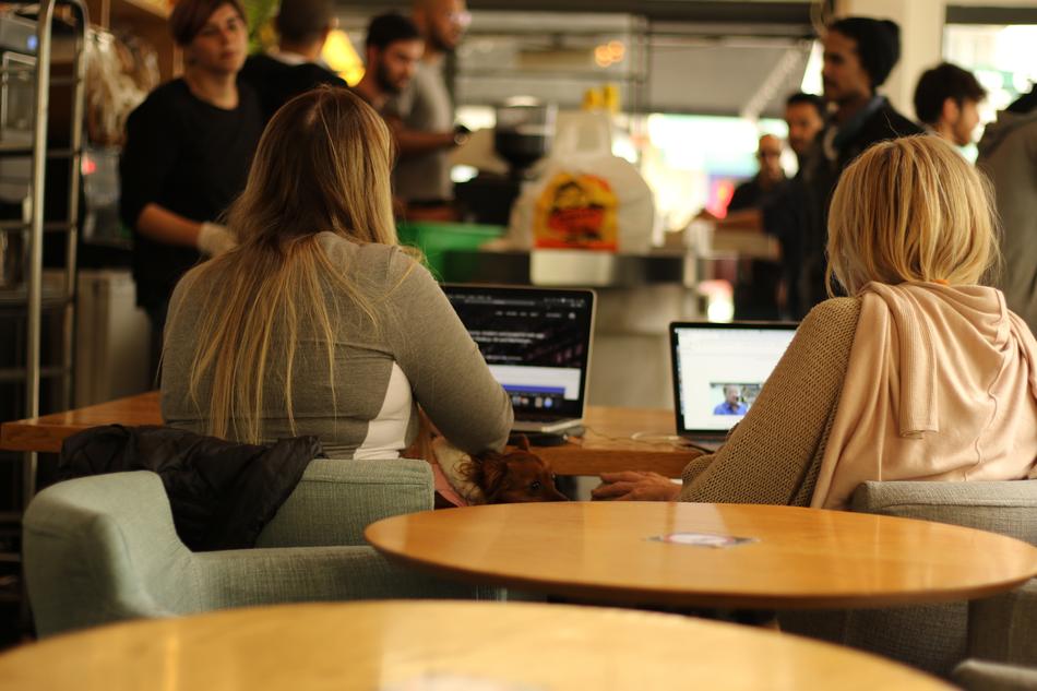 Women students, using laptops, while sitting among the people