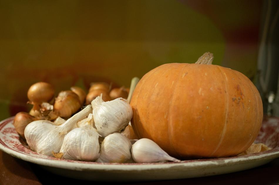 plate with garlic, onion and pumpkin