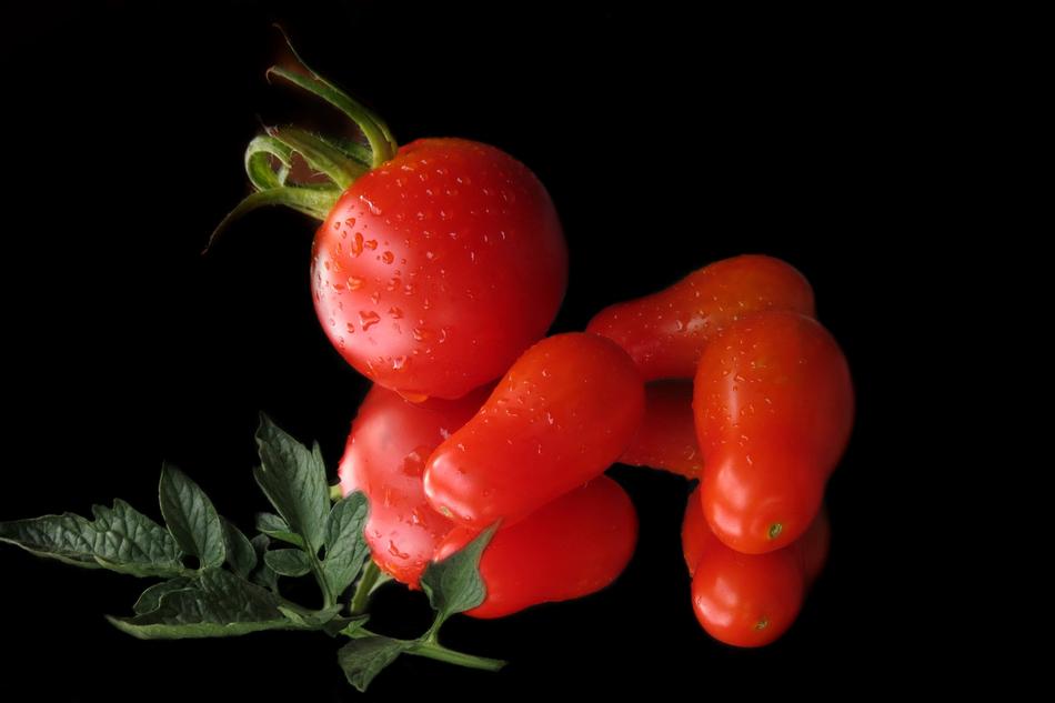 red tomatoes and green leaves on black background