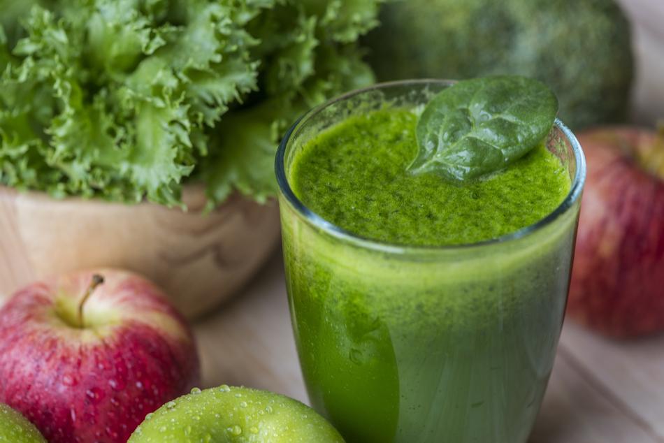broccoli smoothies and apples on the table