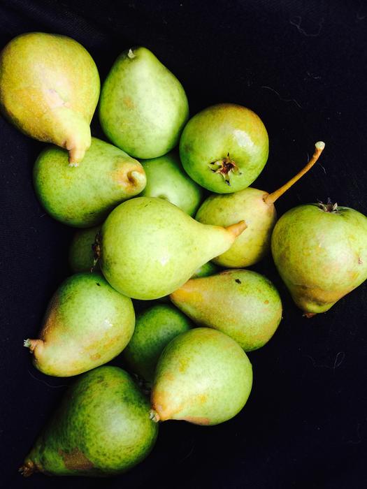 green pears on black background
