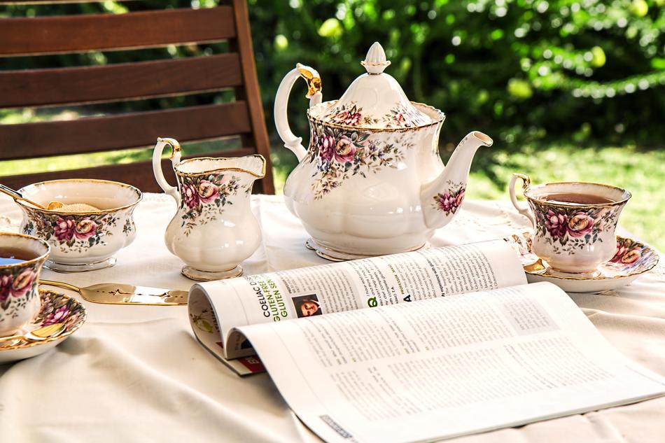 Beautiful and colorful teapot, pitcher and cups with the saucers, near the open book on the table, near the green plants