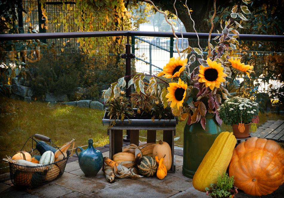 Halloween installation outdoor, Pumpkins and flowers