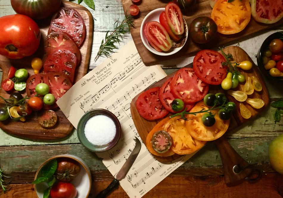 sweet mystery of life, Tomatoes and music sheet on table
