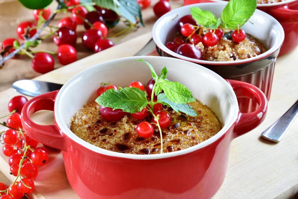 CrÃ¨me BrÃ»lÃ©e, Milk and Egg dessert with red berries
