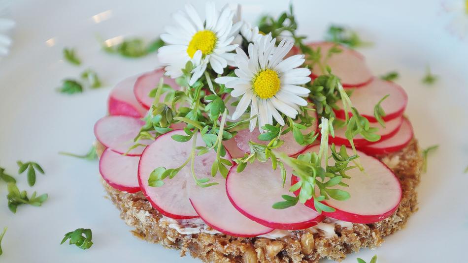 Radishes on grain Bread And Butter with daisies