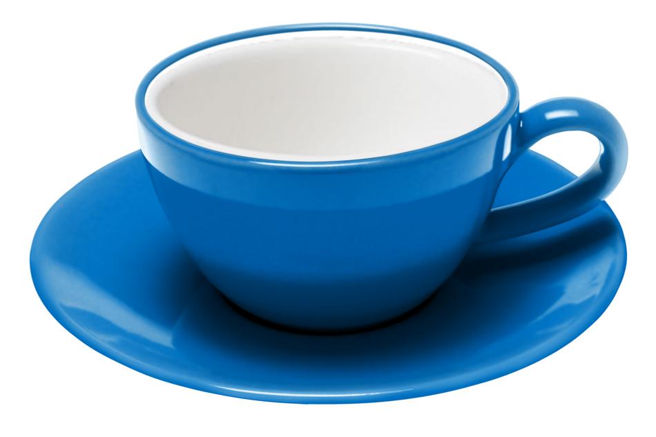 Beautiful, shiny, blue and white teacup on the saucer, at white background