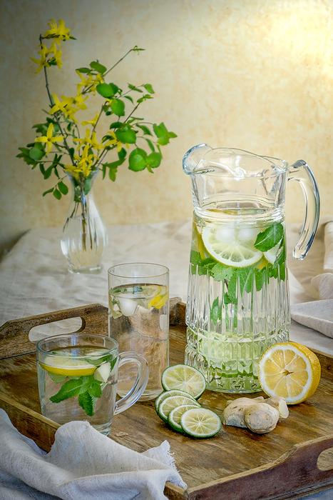 Beautiful composition with the cold drink with minter and lime on the tray