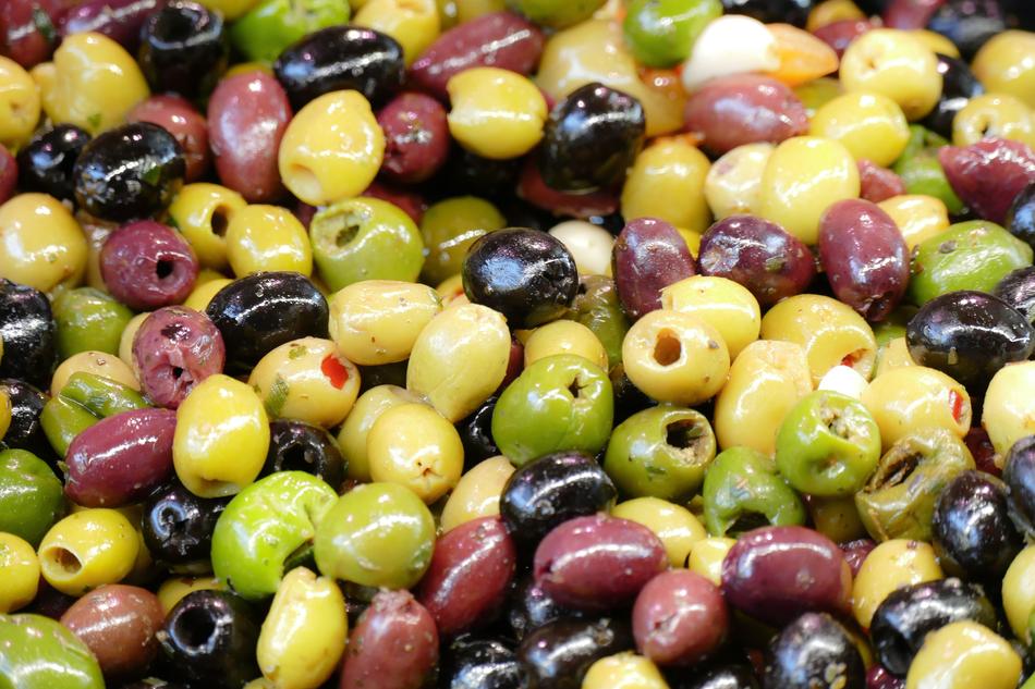 Colorful and beautiful, shiny olives in light, on the Farmer Local Market