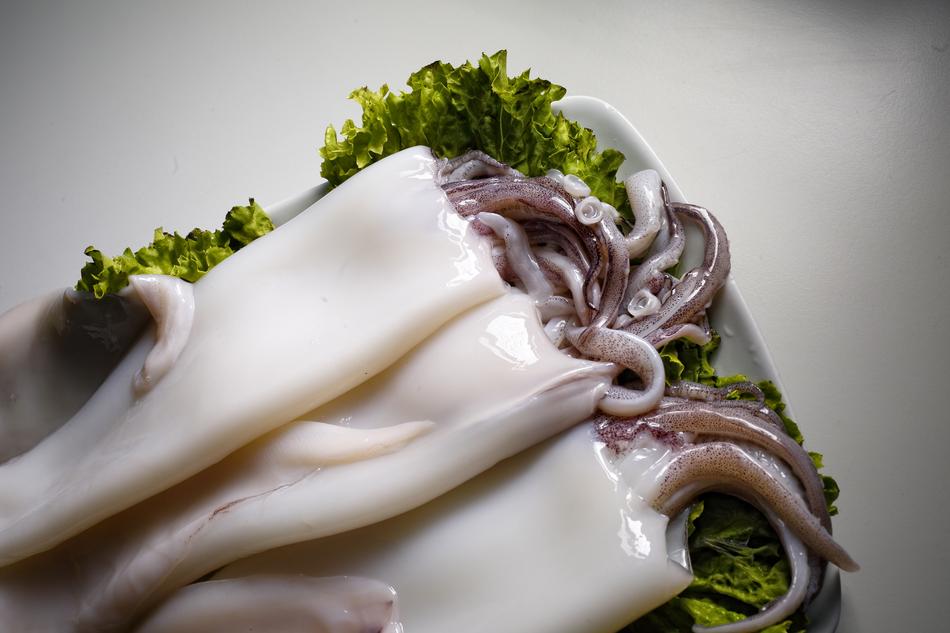 boiled squid on green lettuce