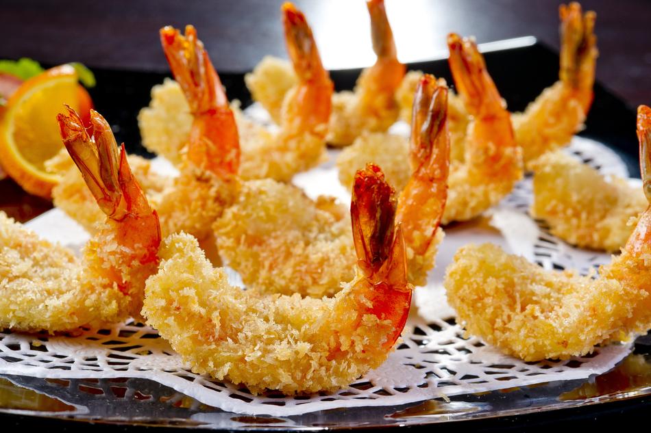 Beautiful, fried, colorful Korean shrimps, on the patterned, white napkin