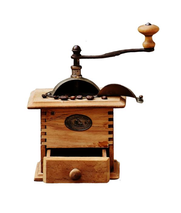 Beautiful, wooden coffee grinder, at white background