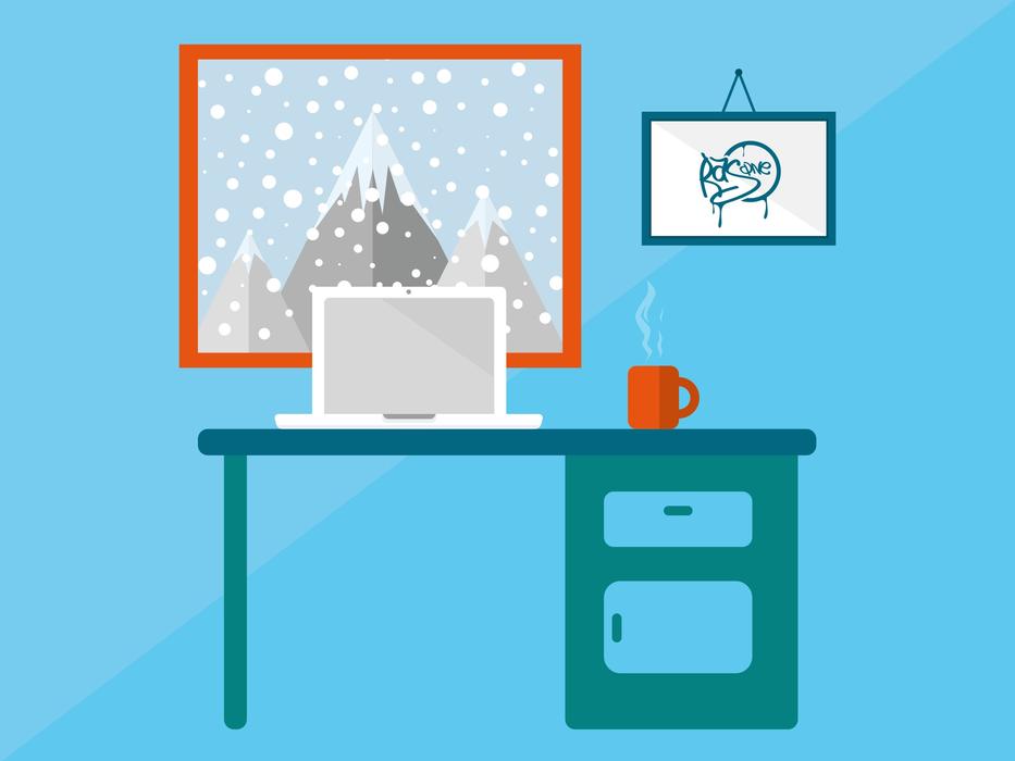 Beautiful landscape with the snowy mountains, on the painting in the room with colorful winter interior, on clipart