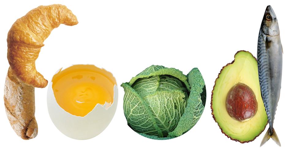 Croissant, egg, cabbage, avocado and mackerel at white background