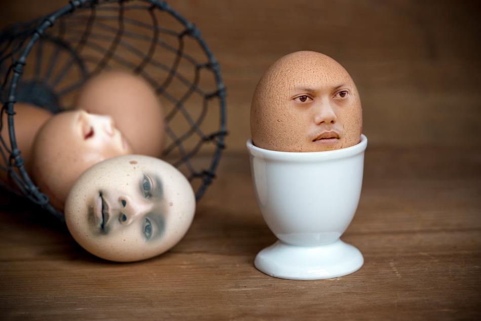 eggs with human faces, digital art