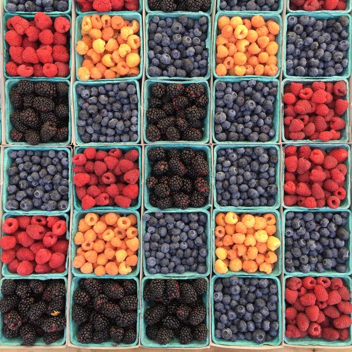 Top view of the beautiful and colorful berries in the boxes