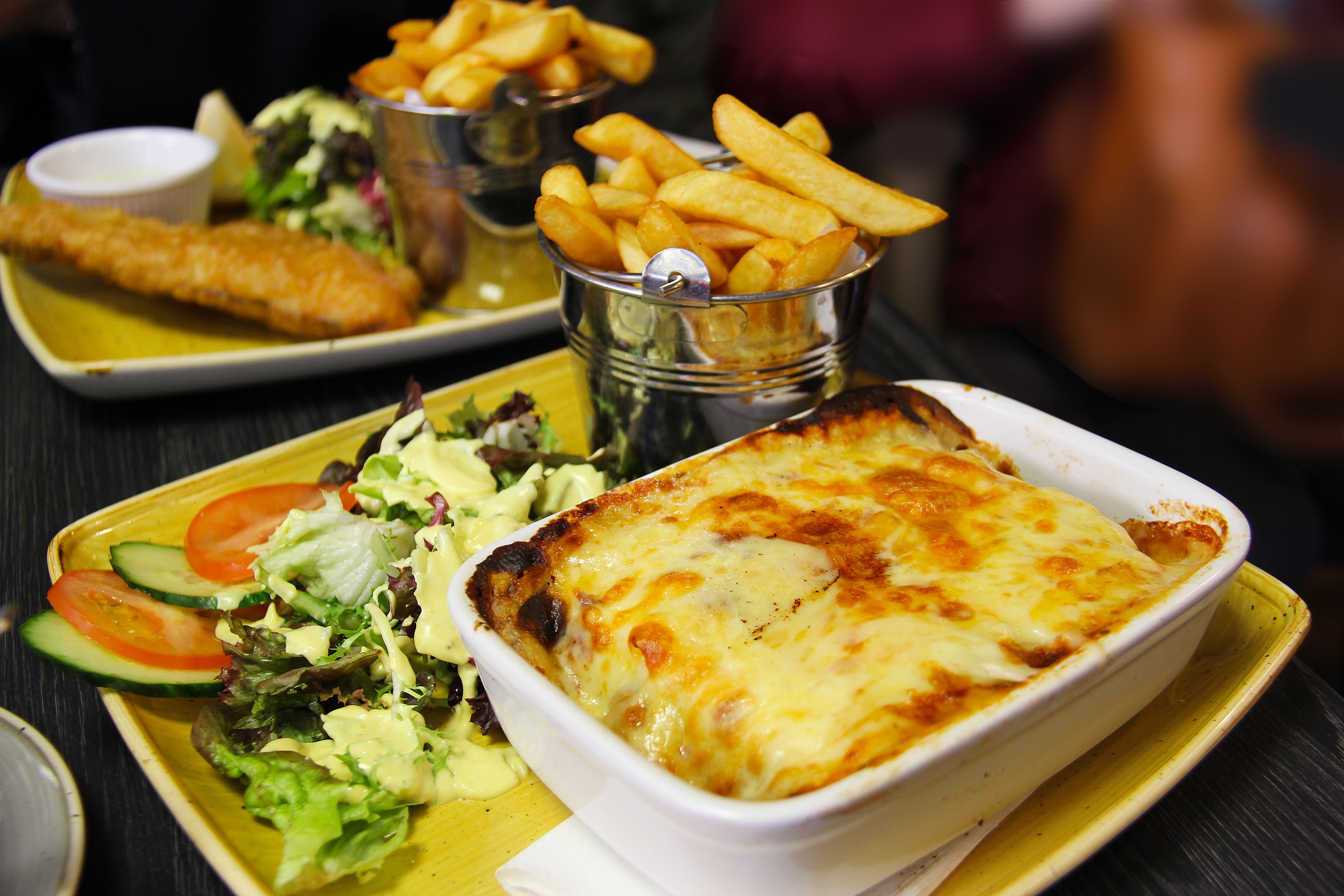 Beautiful Lasagne and Irish meal on the trays, in Kilkenny, Ireland