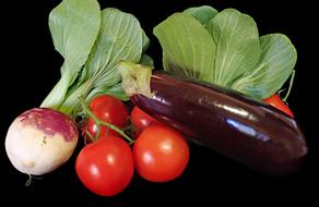 tomatoes, radishes and eggplant