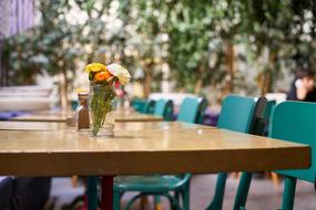 Beautiful, shiny, wooden table with colorful flowers, among the green chairs