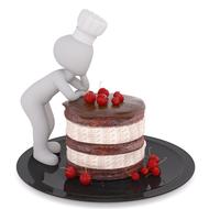 White cook figure with hat, on the beautiful and colorful cake with red berries, clipart