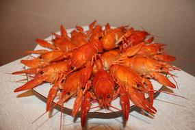 boiled crayfish on a plate in a restaurant