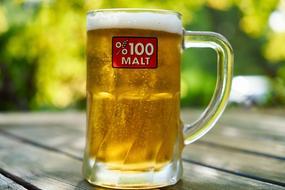 closeup view of a mug of light beer on a garden table