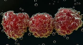 raspberries and air bubbles underwater