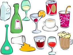 different drinks in glassware and package, drawing