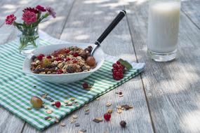 muesli and milk for breakfast in the garden