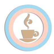 Beautiful and colorful, round icon with the cup of coffee with steam, at white background, clipart