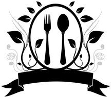 BLack and white icon with the fork and spoon, among the leaves and frame, clipart