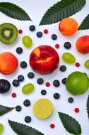 Beautiful and colorful fruits, berries and green leaves, on white surface