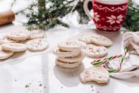 Beautiful and colorful Christmas still life with Christmas cookies, patterned cup, candy canes and green branches