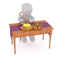 Grey figure of the person, sitting at the table with food, at white background, clipart