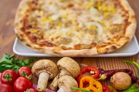 variety of pizza vegetables in blurred background