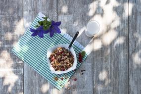 Beautiful and colorful still life with the muesli in white bowl, with the spoon, and violet flowers on the checkered cloth, near the glass of milk, on the wooden table