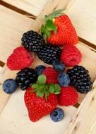 Close-up of the beautiful and colorful summer berries on the wooden table