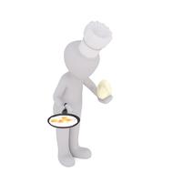 white figure fries scrambled eggs in a frying pan