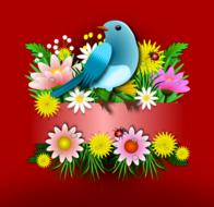 blue bird with flowers on a red background